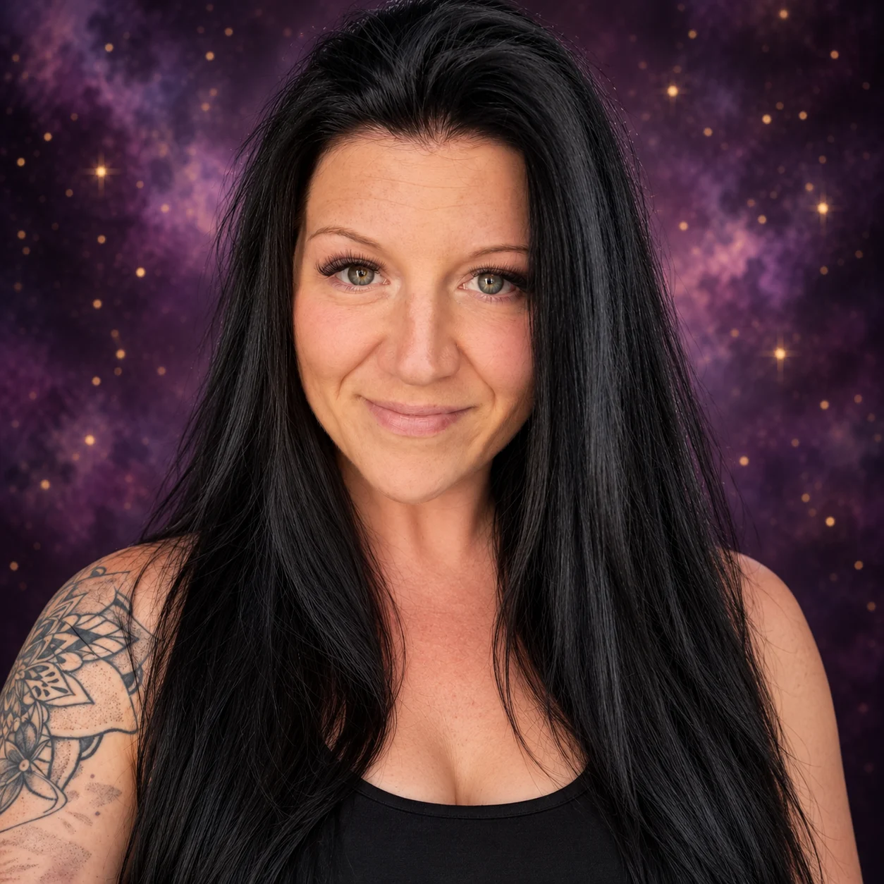 Cynthia against a rich plum backdrop with subtle golden starlight