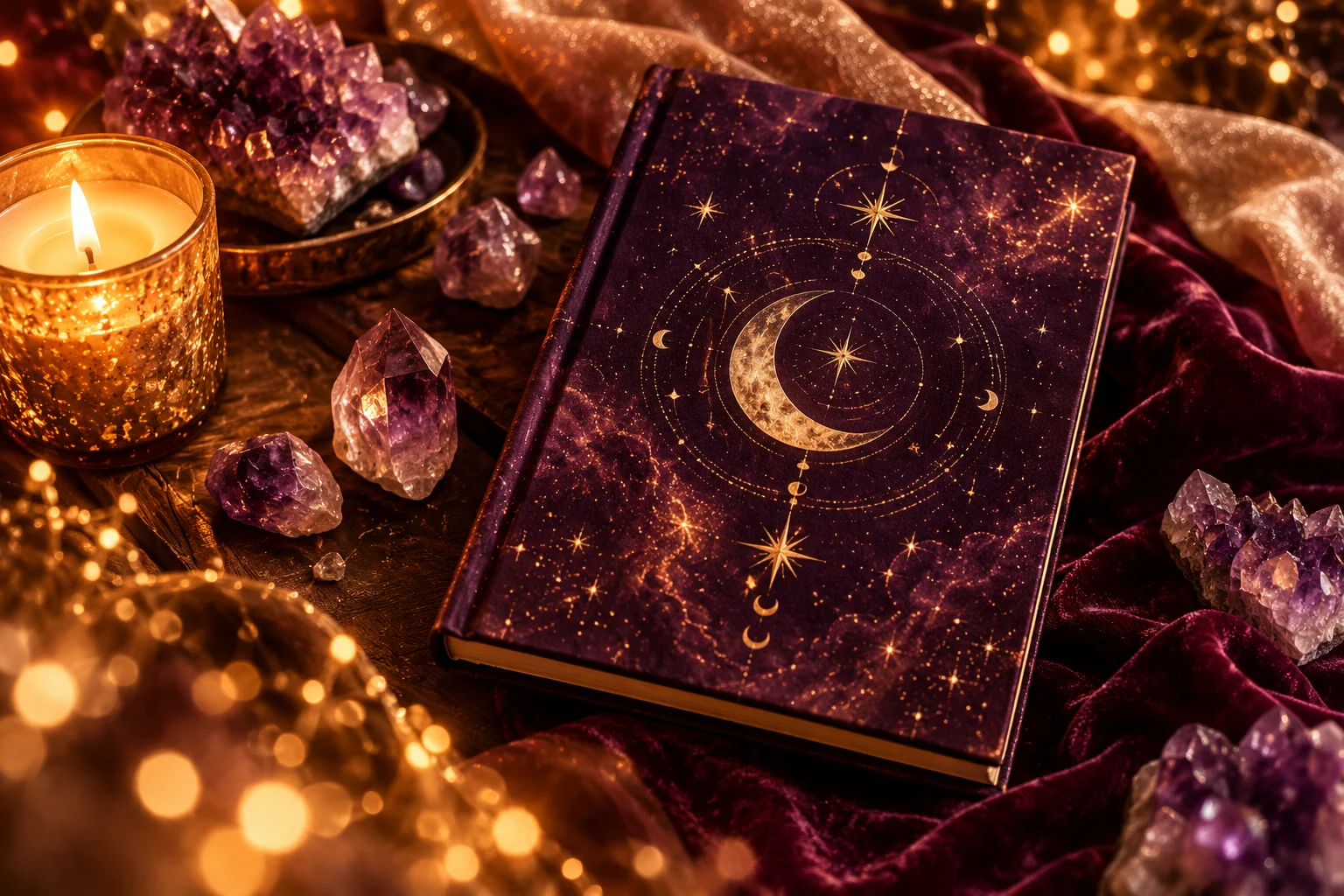A celestial plum journal among amethyst crystals and warm candlelight
