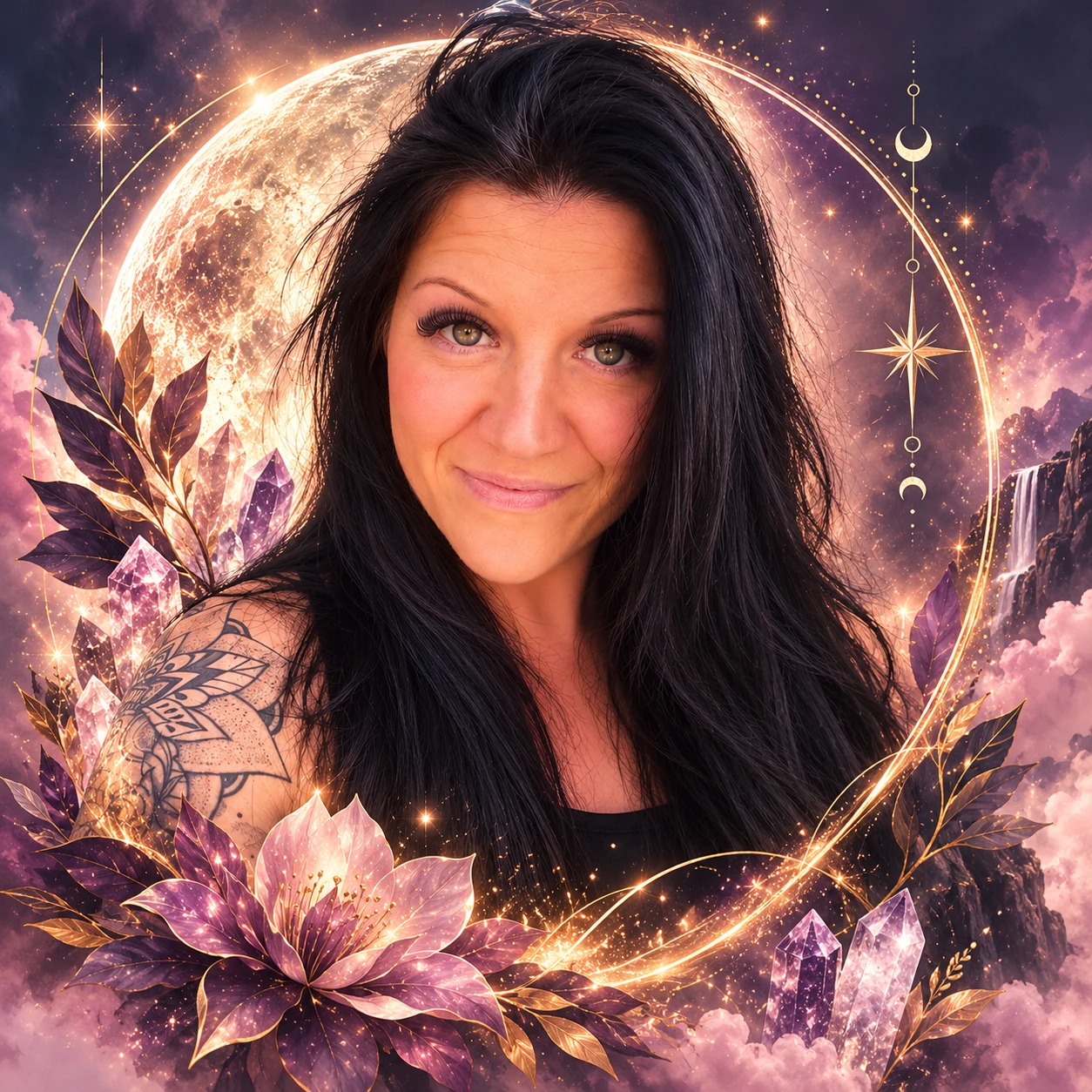 Cynthia framed by a luminous golden moon, mystical purple clouds and sparkling stars